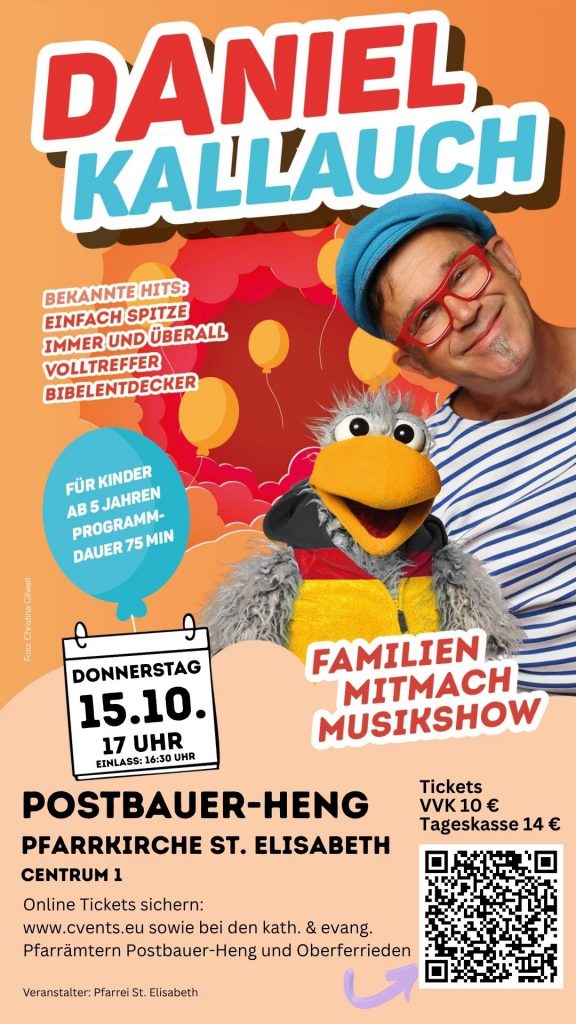 Familien-Mitmach-Musikshow mit Daniel Kallauch in der Pfarrkirche St. Elisabeth, Postbauer-Heng, am 15. Oktober.
